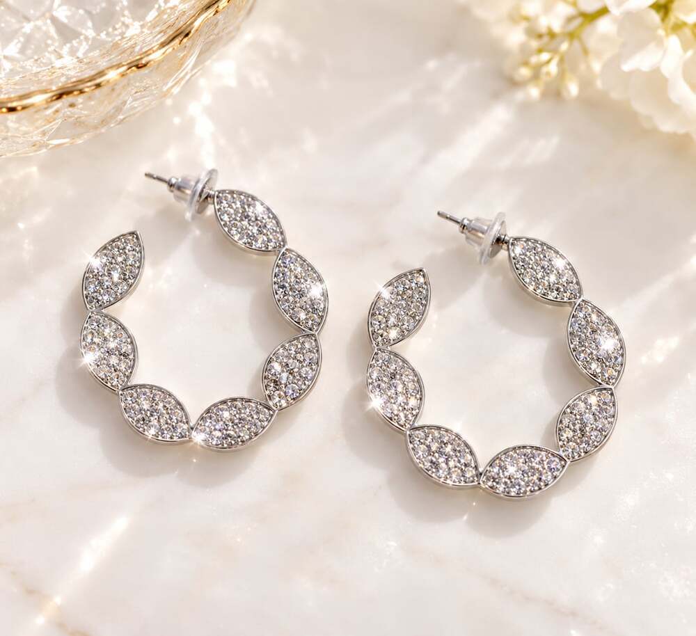 Silver Rhinestone Leaf Hoop Earrings Sparkly Statement Glam Luxe Jewelry